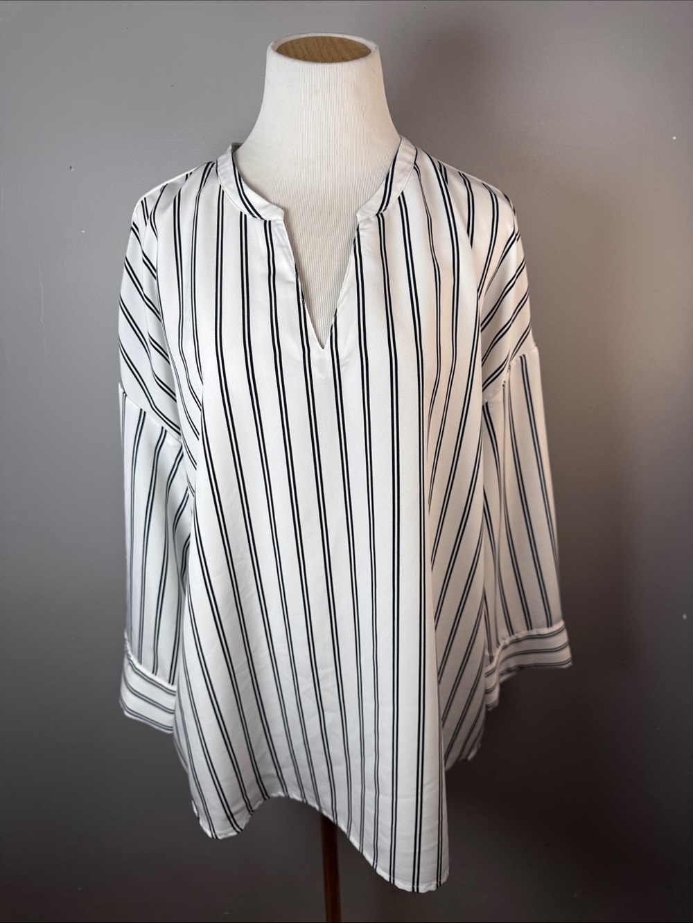 Women's White and Black Vertical Stripe V-Neck Blouse